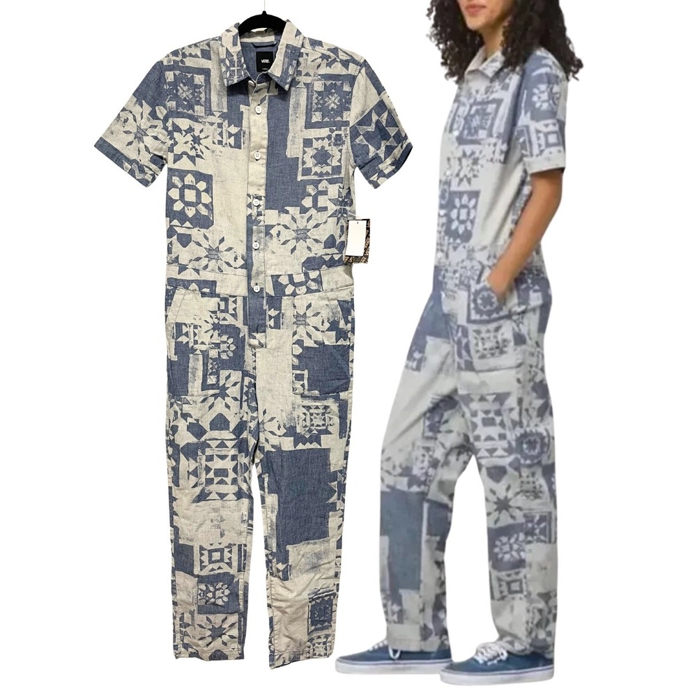 NEW Vans 100% Cotton Morro Coveralls Jumpsuit, Blue White Patchwork, Sz XS